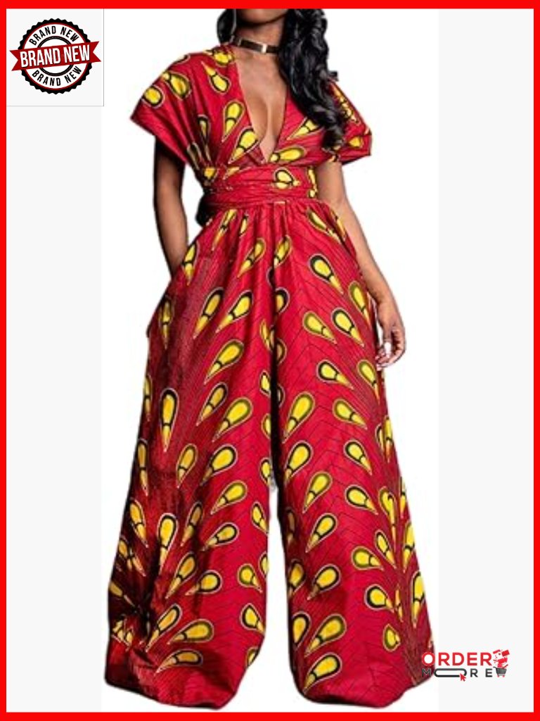 Boho Print Jumpsuit V-Neck Multi-Way Wide Leg Polyester Party Wear